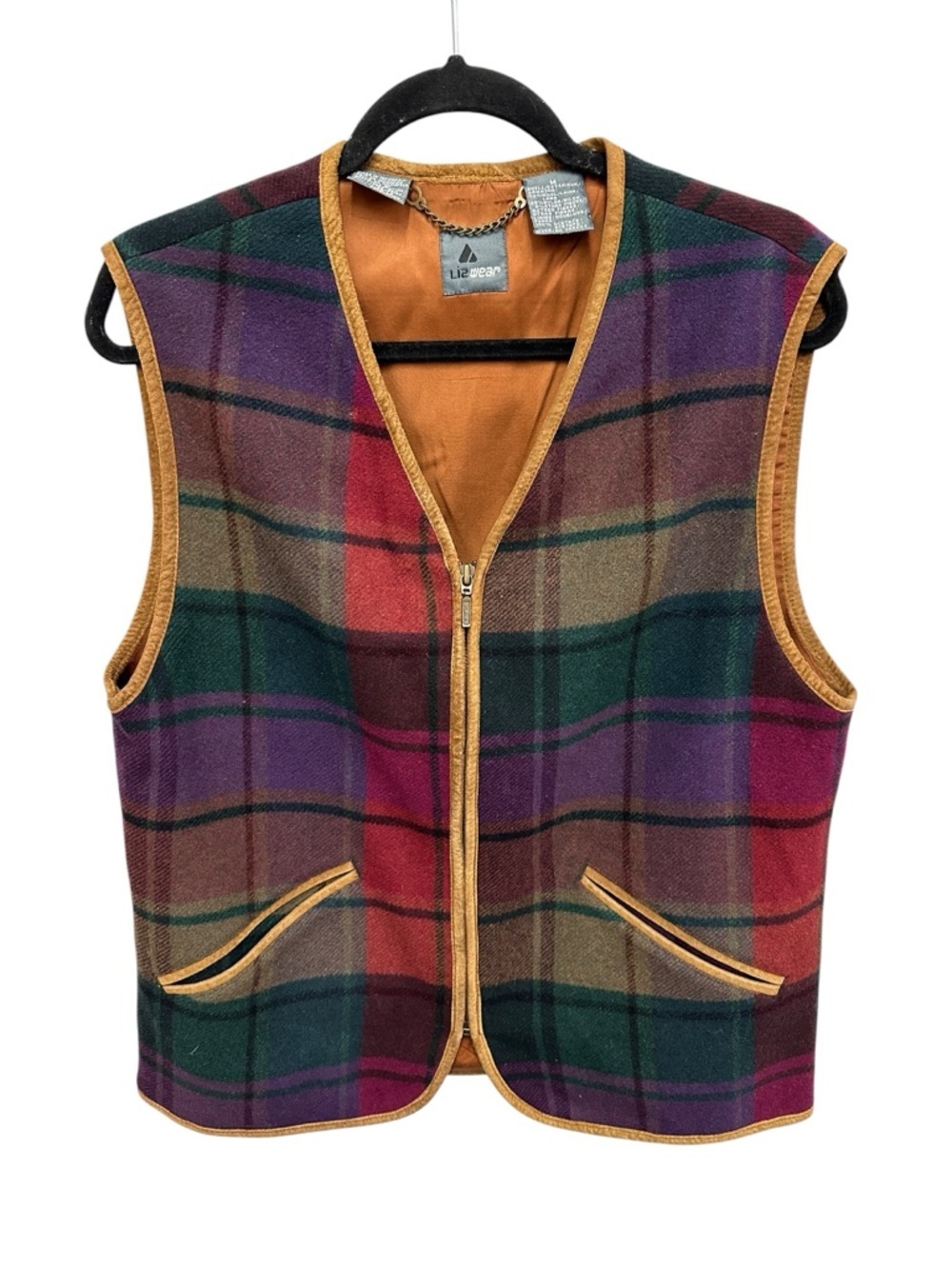 Liz Wear vintage plaid wool vest with suede trim Size M preppy rodeo western
